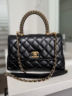 CHANEL Black Quilted Leather Top-Handle Shoulder Bag with Gold Hardware